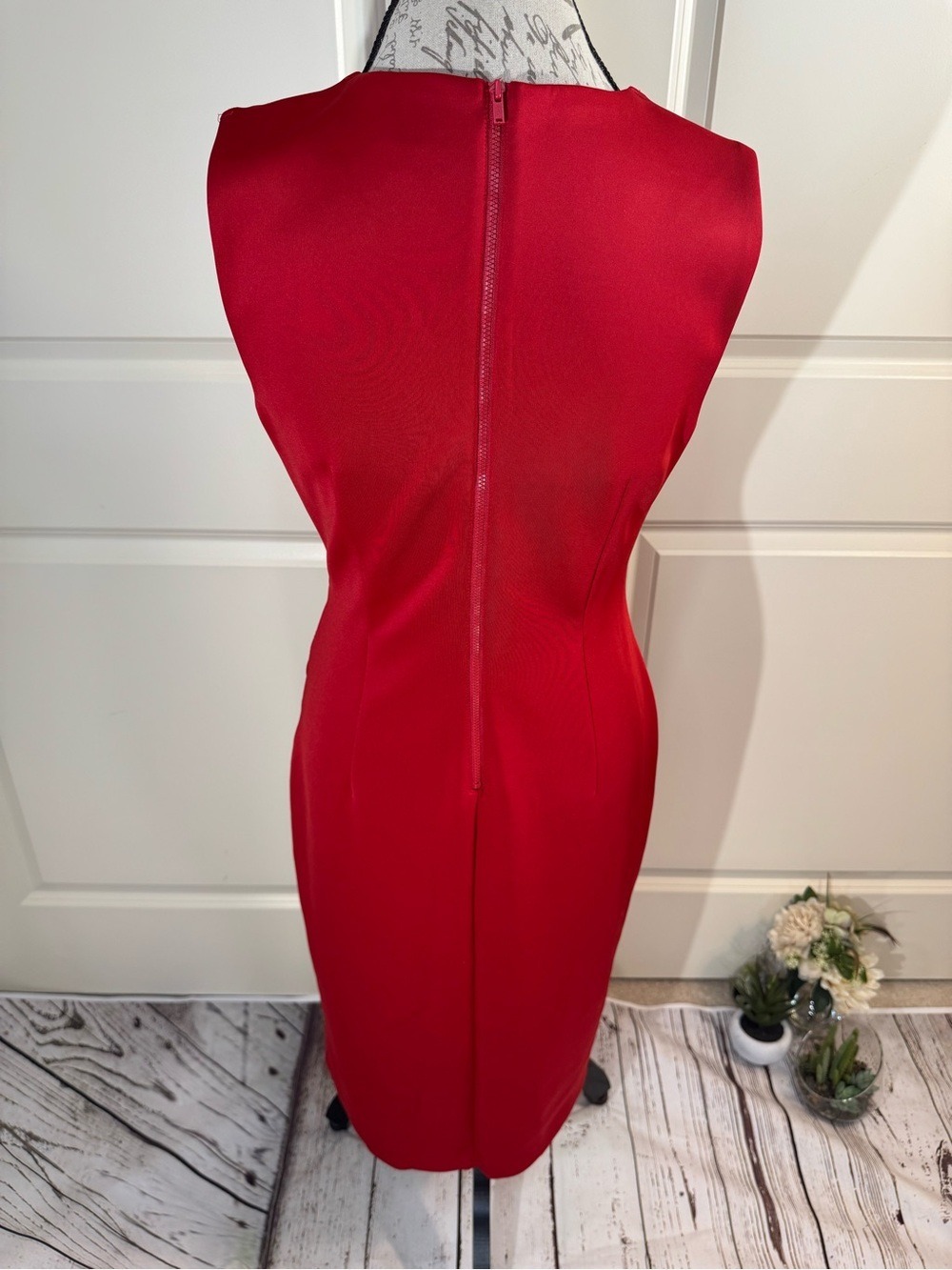 Spense Candy Apple Red Sleeveless Faux Wrap-Front Bodycon Midi Dress 10 - Picture 2 of 7